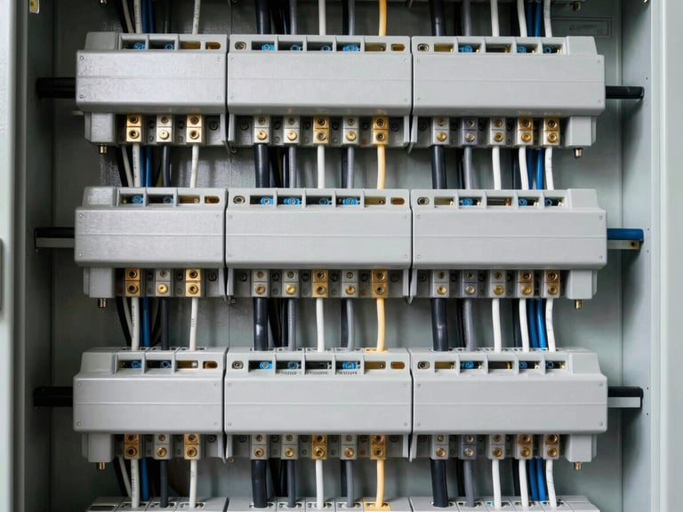 Meticulously organized electrical distribution panel with neatly bundled cables and clear labeling, high-contrast, studio lighting, technical elevation.