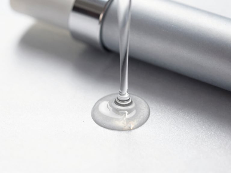 Close-up high-key studio shot of liquid cosmetic gel dripping over a reflective silver surface, clean technical lighting, sharp focus, 35mm