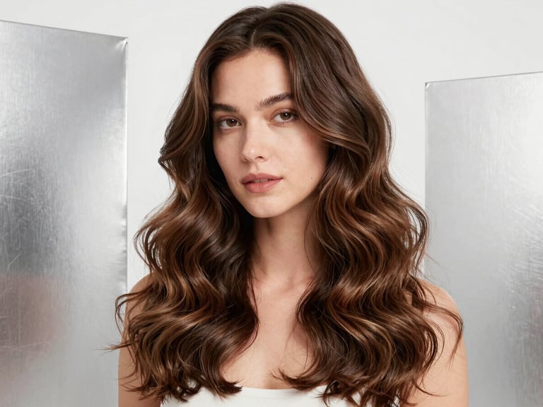 High-key studio photography of a woman with healthy, voluminous, structured wavy hair, bright clean lighting, minimalist background, 35mm