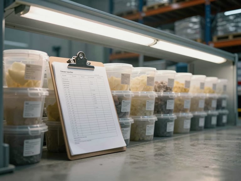 Medium shot of a warehouse inspection station — sealed sample containers in a row under cool fluorescent overhead lighting, a clipboard with printed batch documentation resting against the containers, concrete floor and steel shelving visible in background