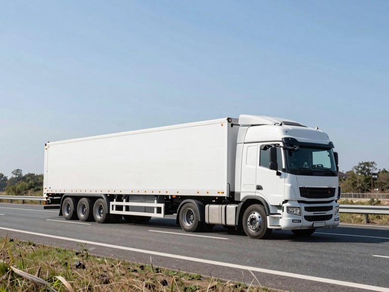 Wide-angle shot of a modern double-decker car carrier truck driving on a bright highway under clear daylight, professional automotive photography.