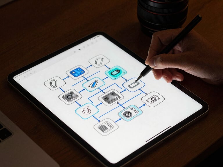 Overhead shot of a desk setup with an iPad Pro showing a hand-drawn system architecture diagram with blue and cyan lines, tactile hardware, low-key directional lighting.