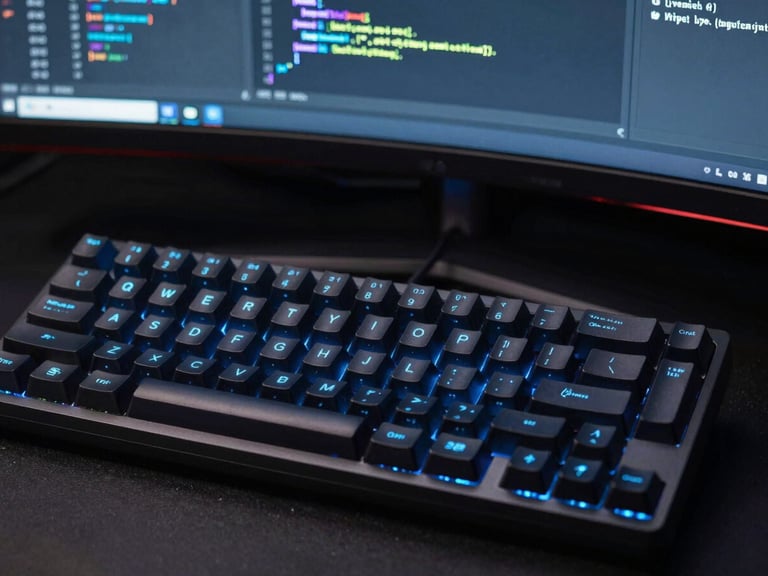 Macro shot of a mechanical keyboard and a clean IDE codebase on a curved monitor, sharp electric blue key lights reflecting on the keys, dark high-contrast studio setting.