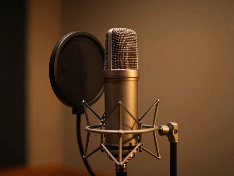 Close-up of a high-end condenser microphone in an acoustically treated vocal booth, dramatic low-key amber lighting