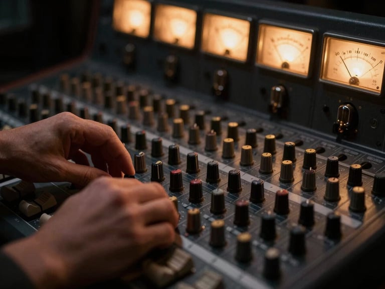 Hands adjusting tactile knobs on a vintage analog mixing console, glowing tube meters in the background, moody shadows
