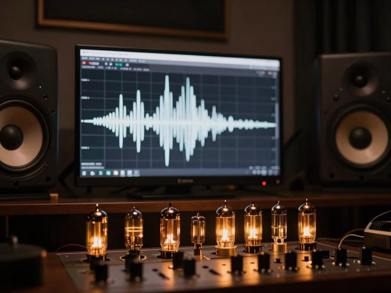 High-resolution audio waveform displayed on a studio monitor in a dark room, soft gold backlighting