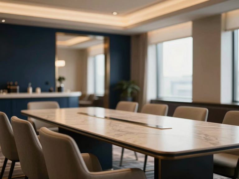 Elegant editorial photography of an empty luxury hotel lobby boardroom with soft warm window light, deep navy and champagne gold tones, shallow depth of field, 35mm