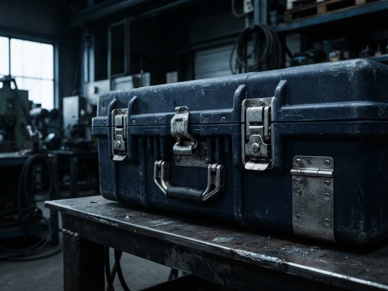 A close-up of a rugged, secure equipment case with heavy-duty latches, resting on a steel workbench in a dimly lit, cool-toned industrial facility.