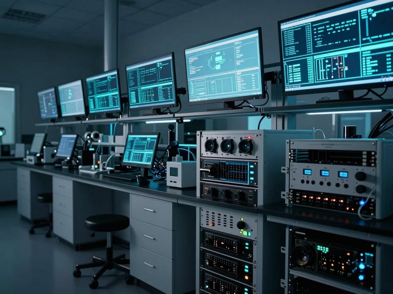 Wide shot of a modern laboratory space, specialized hardware racks, large screens displaying data, subtle neon cyan lighting, clean and organized.