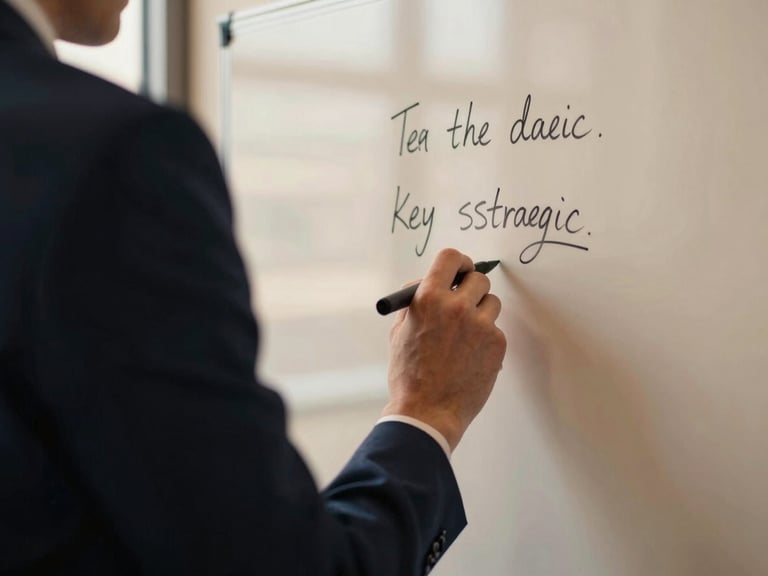 Close-up of hands writing key strategic notes on a clean whiteboard, soft natural window light, deep navy tones, editorial framing.