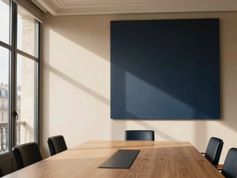 Minimalist corporate boardroom in Paris, soft natural light streaming through high windows, casting long shadows on a champagne-toned wall, elegant architectural details, 35mm lens, warm editorial style