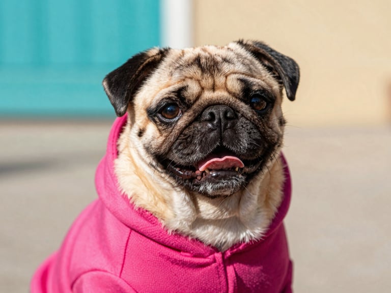 Bright colorful pet photography of a happy pug wearing a vibrant magenta hoodie, warm natural daylight, shallow depth of field, 50mm