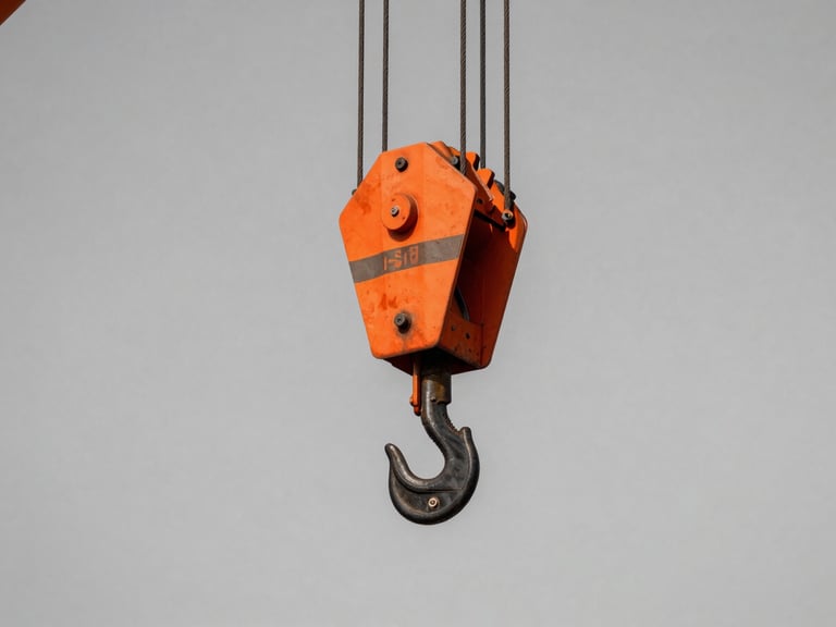 Industrial documentary photography, close-up of a heavy crane rigging hook with steel cables, hard direct daylight, high-contrast desaturated tones with vivid safety-orange accents, 35mm lens.