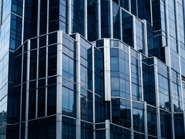 Architectural abstract lines of a modern skyscraper facade reflecting cool morning daylight, deep navy glass panels, silver steel structures, sharp focus, 35mm