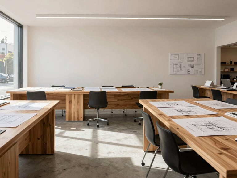 Bright architectural photography of a modern design studio interior, clean concrete floors, warm wooden desks, architectural drawings laid out under soft morning light.