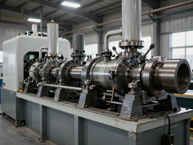 Wide shot of a large industrial machine in a factory setting, focus on complex mechanical components, sharp clean garage lighting, metallic tones.