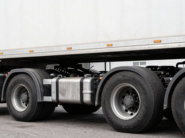 Close-up of a semi-trailer truck's undercarriage, focusing on suspension and axle components, high-contrast garage lighting, desaturated tones, sharp focus.