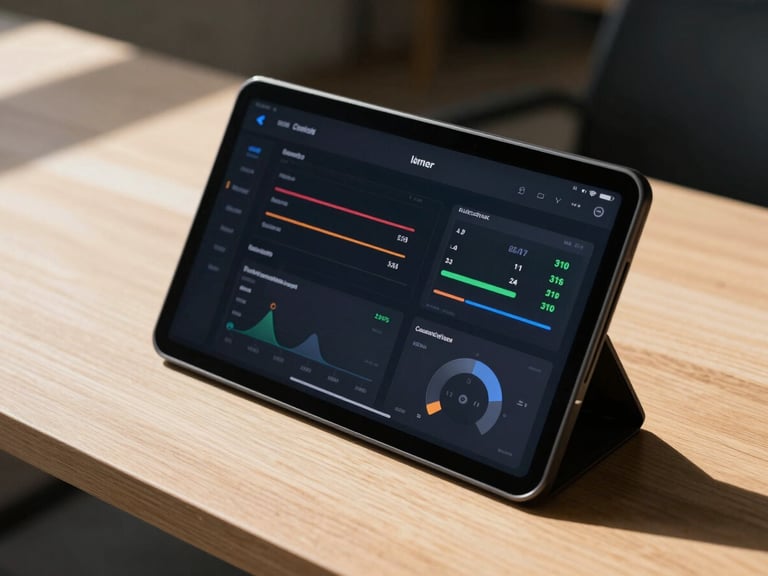 A high-contrast macro shot of a clean, modern dashboard interface showing real-time customer sentiment metrics on a dark screen, natural daylight casting sharp shadows across a minimalist wooden desk