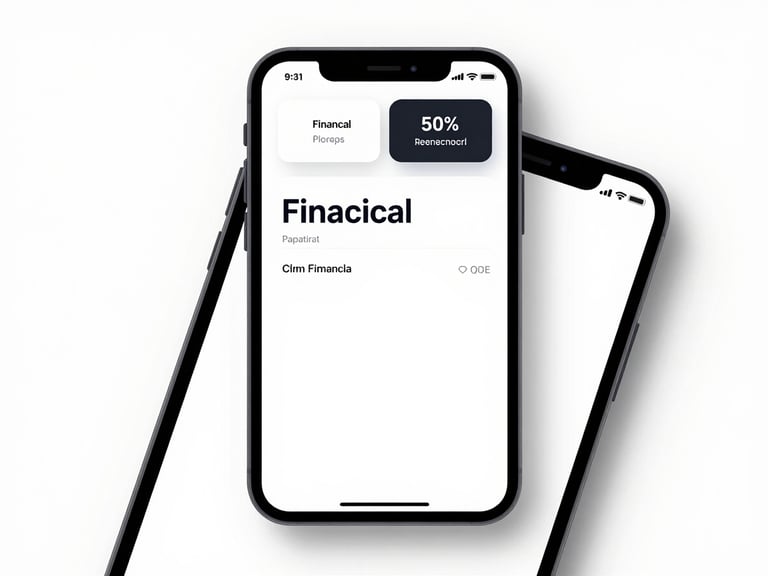 Clean flat-lay capture of a financial mobile app dashboard on a white background, minimalist interface, high contrast typography, daylight simulation