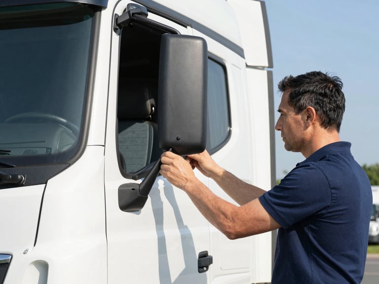 Crisp editorial photography of a professional HGV driver checking side mirrors, bright natural daylight, clean high-contrast tones, sharp focus, 35mm