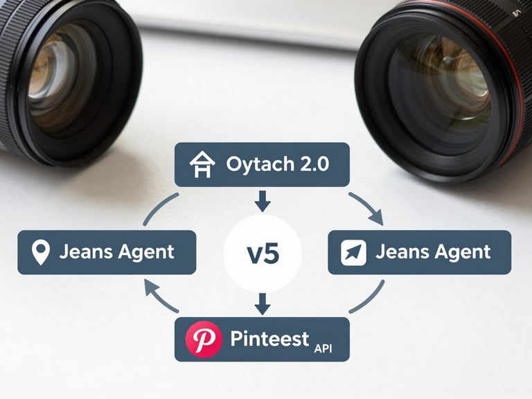 A clean, high-key technical diagram showing secure OAuth 2.0 token exchange between Jeans Agent and Pinterest API v5 endpoints, flat vector style, slate-blue accents.