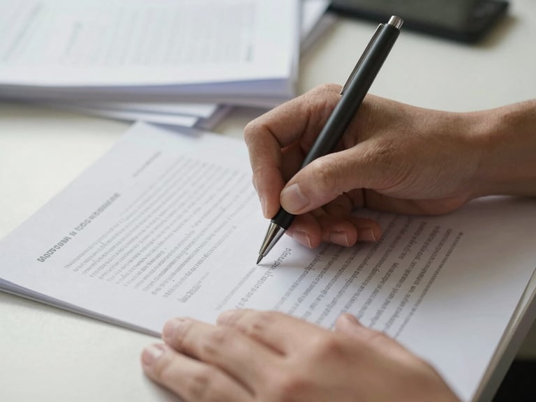 Close detail of hands annotating a printed study sheet on a clean desk, ballpoint pen mid-stroke, natural overcast light from the left, organized papers visible in soft background blur, warm paper tones
