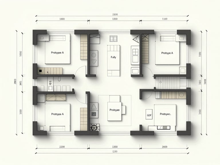 Overhead architectural floor plan diagram of Prototype A showing room layout, wall thicknesses, door and window positions, dimension annotations as line drawing on light background, no color fill, clear room labels