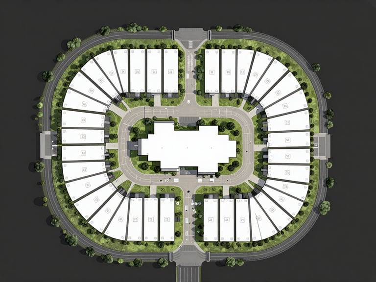 Overhead architectural plot-plan diagram of a residential subdivision showing numbered lots, internal road network, access points, and green perimeter buffer zones, clean line drawing on dark background, true top-down orthographic view, no people, no furniture, no color grading