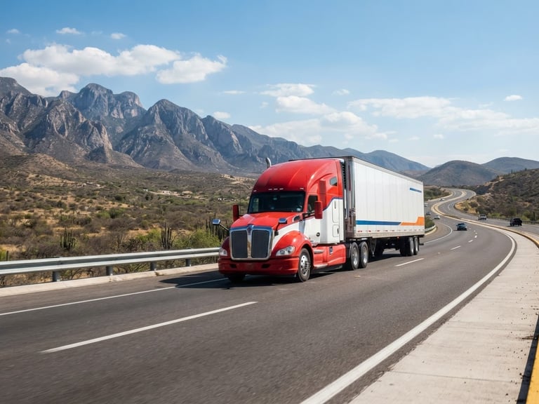 Wide-angle editorial shot of a modern heavy-duty transport truck cruising on a clean Mexican highway under bright daylight, sharp focus, 35mm