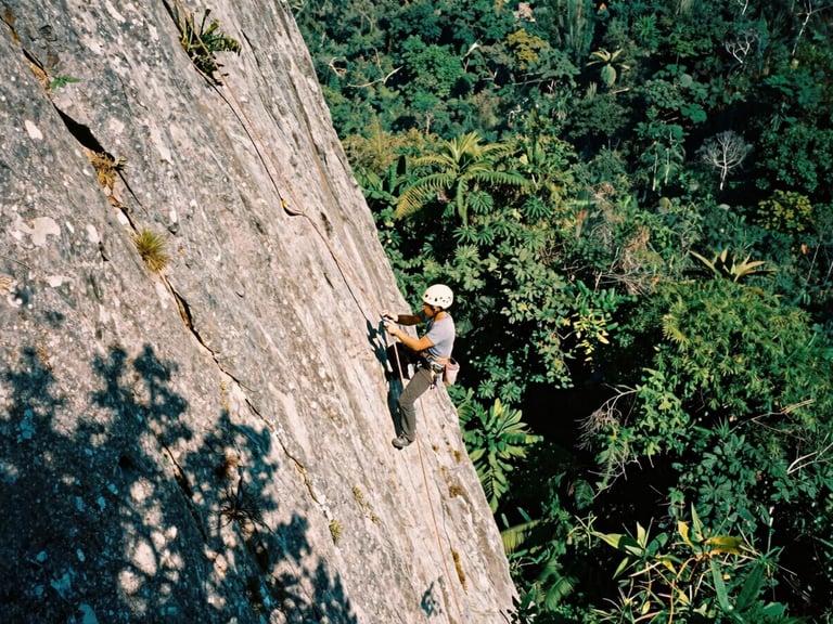 Wide-angle action shot of a climber rigging ropes on a steep rock face in Zapopan, harsh natural sunlight casting sharp shadows, deep forest greens, 35mm film.
