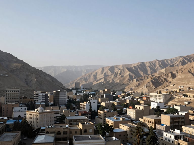 Wide environmental shot of Kabul valley under soft morning light, high-trust institutional documentary style, 35mm lens.