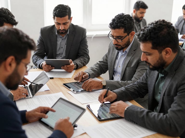 Documentary editorial photo of a professional workshop in Kabul, local experts analyzing data on tablets around a wooden table, natural diffused daylight, professional tones.