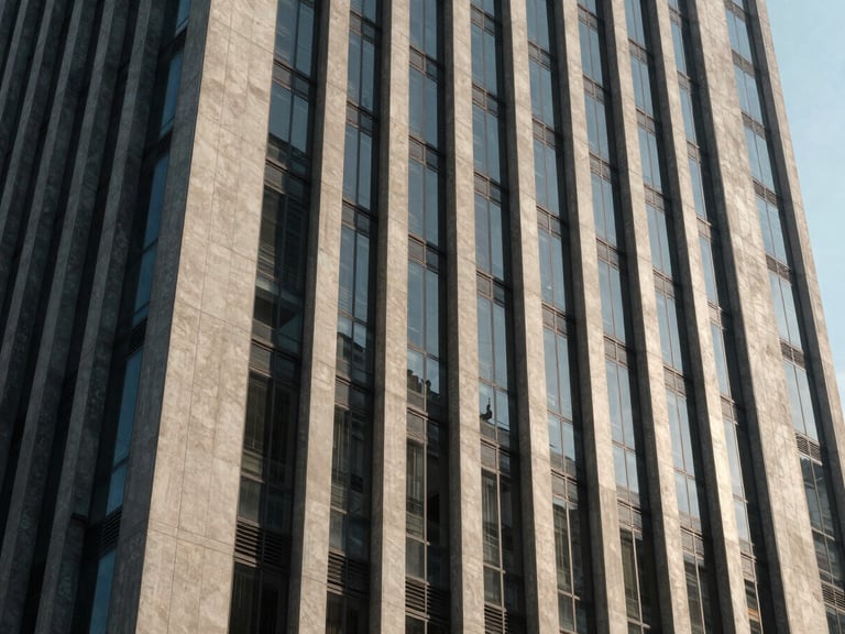 Close architectural view of a Thonglor high-rise facade at midday, concrete and glass geometry catching sharp north-facing daylight, shadows defining structural depth, no people, wide landscape crop