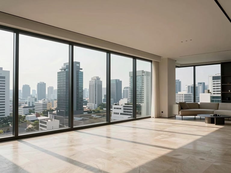 Interior wide shot of a Bangkok luxury penthouse living room, floor-to-ceiling glass overlooking the city below, afternoon north-facing daylight casting clean shadows across pale stone flooring, minimal furniture revealing the spatial volume, no people, no staging