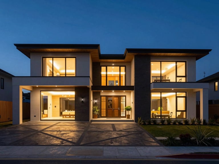 Wide panoramic twilight exterior of a modern luxury home, warm interior lighting spilling onto a dark geometric driveway, sharp architectural lines against a deep blue evening sky.
