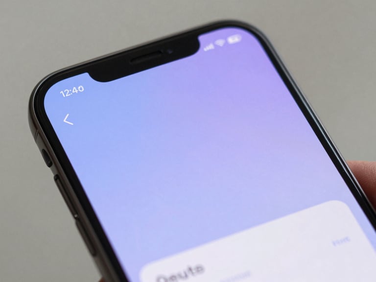 Close-up of a modern smartphone displaying a clean, secure user interface with soft purple and blue light reflections, shallow depth of field