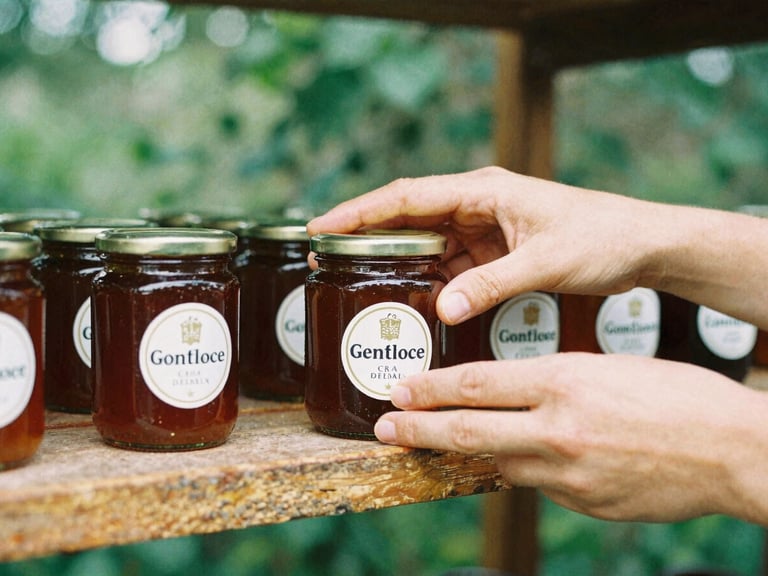 Close-up of hands placing artisanal Greek honey jars on a rustic wooden shelf, soft morning light, forest green tones, 35mm film.