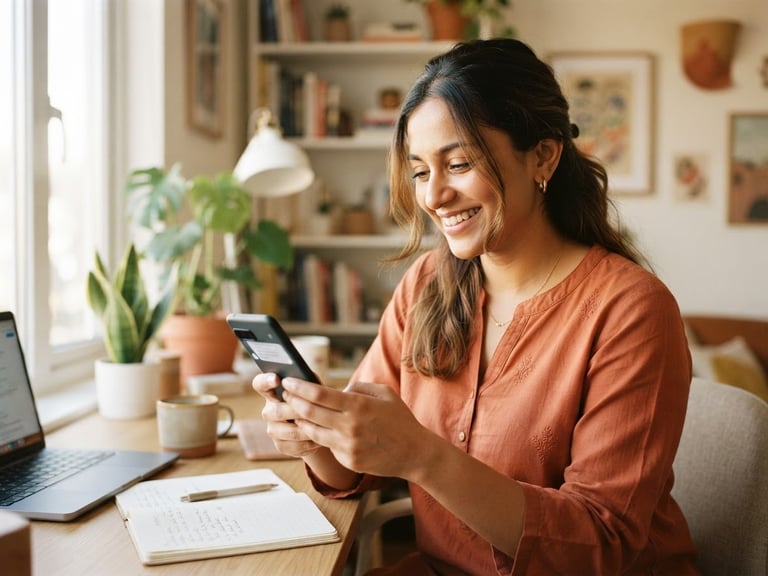 Medium close-up of a smiling Indian woman in a bright, sunlit home office, typing on a smartphone, soft window light, warm editorial photography style.