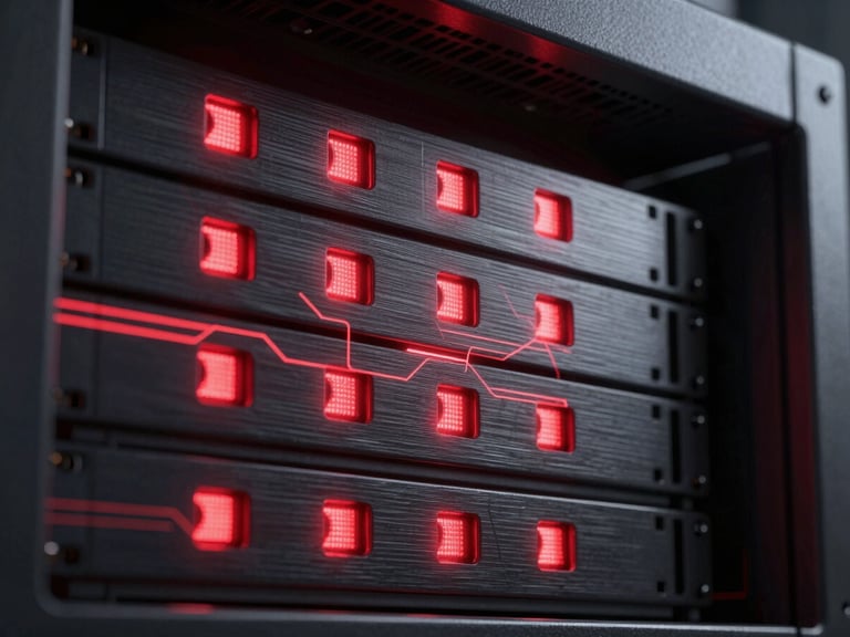 Macro close-up of a high-performance server rack with glowing red status lights, dark brushed steel textures, clean technical aesthetic