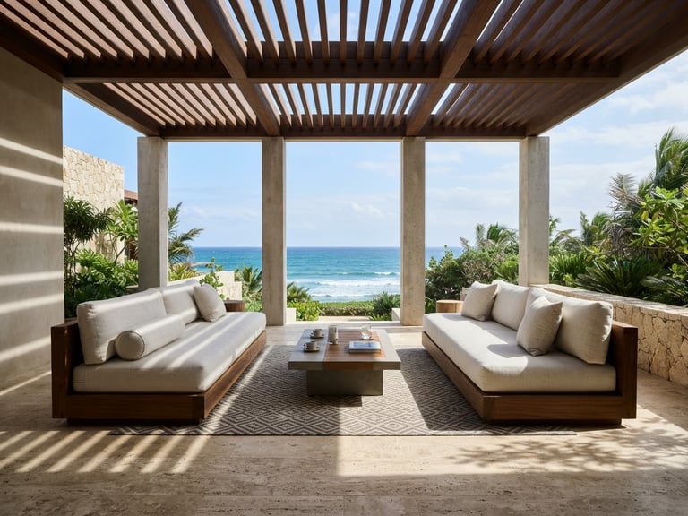 Straight-on architectural shot of a minimalist luxury hotel patio featuring oversized outdoor teak sofas, sharp afternoon shadows, bright natural daylight, 35mm lens.