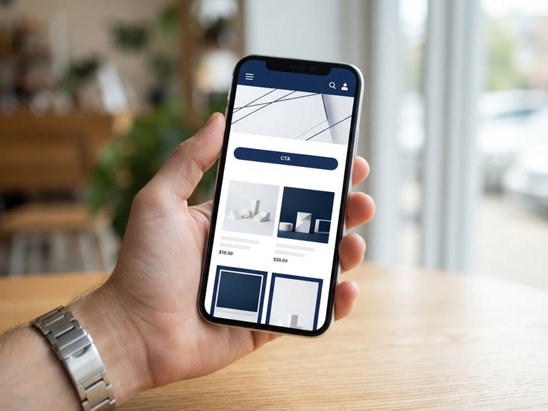 Clean digital product photography of a modern local business website displayed on a mobile phone, bright natural daylight, crisp white and deep navy tones, sharp focus.