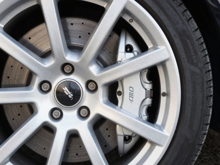 Close-up of a pristine, detailed modern sports car wheel and brake caliper, soft natural daylight, clean dark background