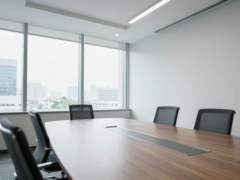 Bright natural daylight photo of a modern corporate boardroom in Jababeka, clean architectural lines, professional environment, soft cool tones, 35mm lens