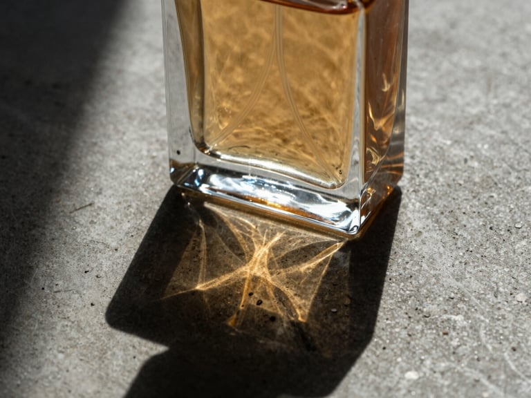 Macro close-up of a heavy, rectangular glass perfume bottle, casting a sharp, elongated shadow on a textured concrete surface. Harsh, directional studio light highlights the bottle's edges and the liquid within. Raw, brutalist aesthetic.