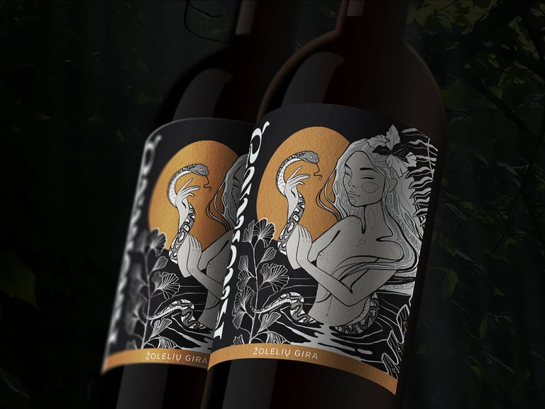 Two bottles of herbal kvass featuring artistic labels with a gold moon and snake illustration.