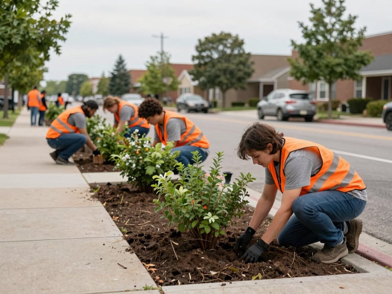 Wide environmental shot of community volunteers planting native shrubs in urban sidewalk cutouts, bright natural overcast daylight, 35mm documentary style.