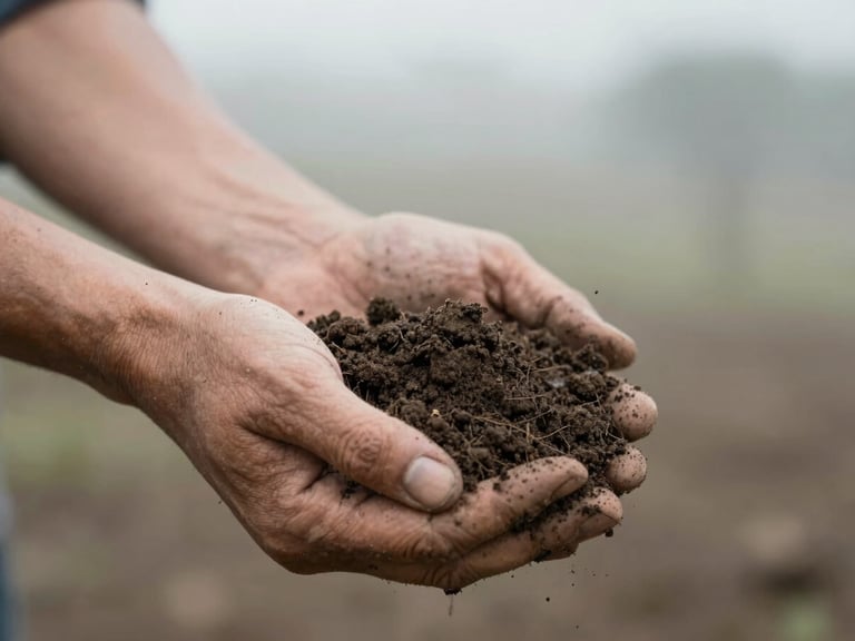 A close-up of dark, rich soil held gently in weathered hands, soft overcast morning light, documentary editorial style.