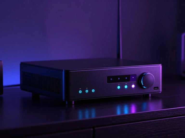 Roteador moderno com luzes de status azuis e roxas, em um ambiente doméstico elegante, dark mode aesthetic.