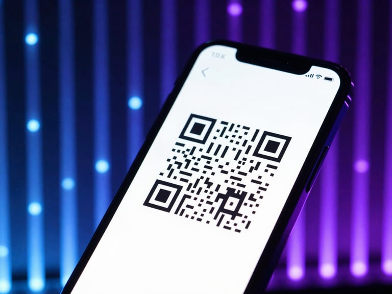 Smartphone exibindo um código QR para pagamento Pix, com luzes de fibra óptica ao fundo, neon blue and purple ambient light.