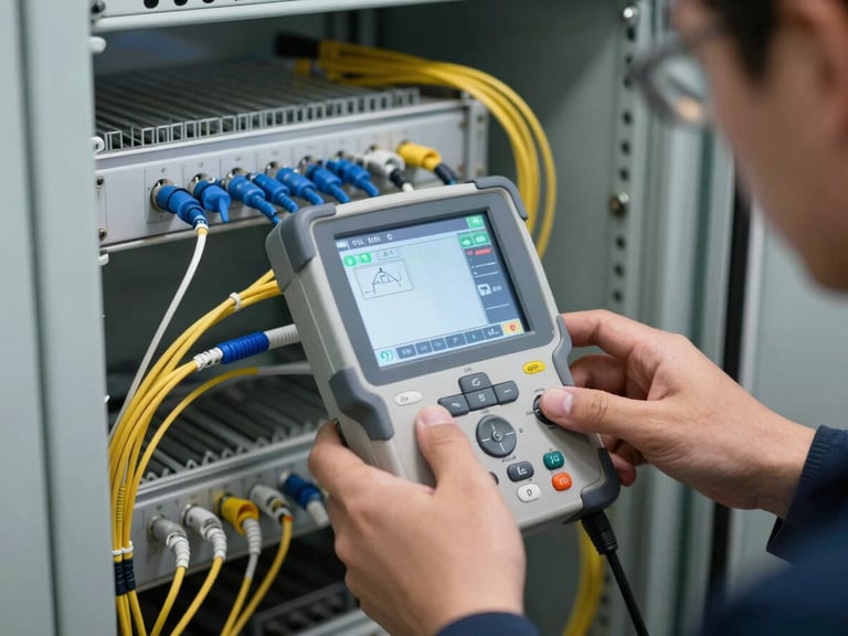 Close-up environmental shot of a technician's hands operating an OTDR reflectometer on a splice tray inside an open fiber distribution cabinet, measurement readout visible on the device screen, task lighting from the cabinet interior, fiber pigtails and splice sleeves arranged neatly around the device